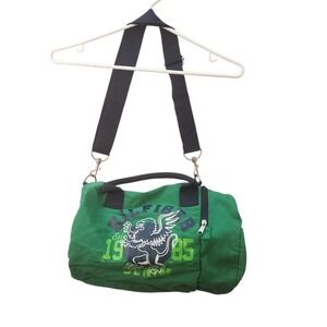Tommy Hilfiger Denim Green Canvas Duffle Bag Griffin Crest 1985 Gym Travel Zip